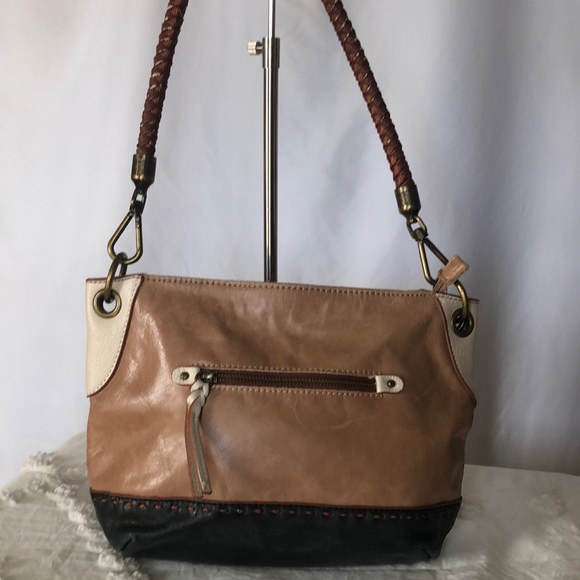 THE SAK tan, cream, and navy blue genuine leather shoulder bag. Braided strap. - Picture 1 of 14